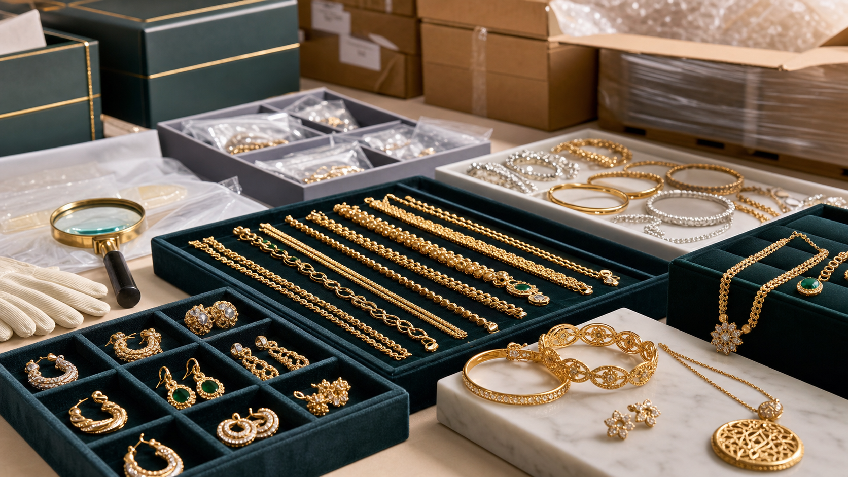 Gold-plated silver jewellery arranged for wholesale export