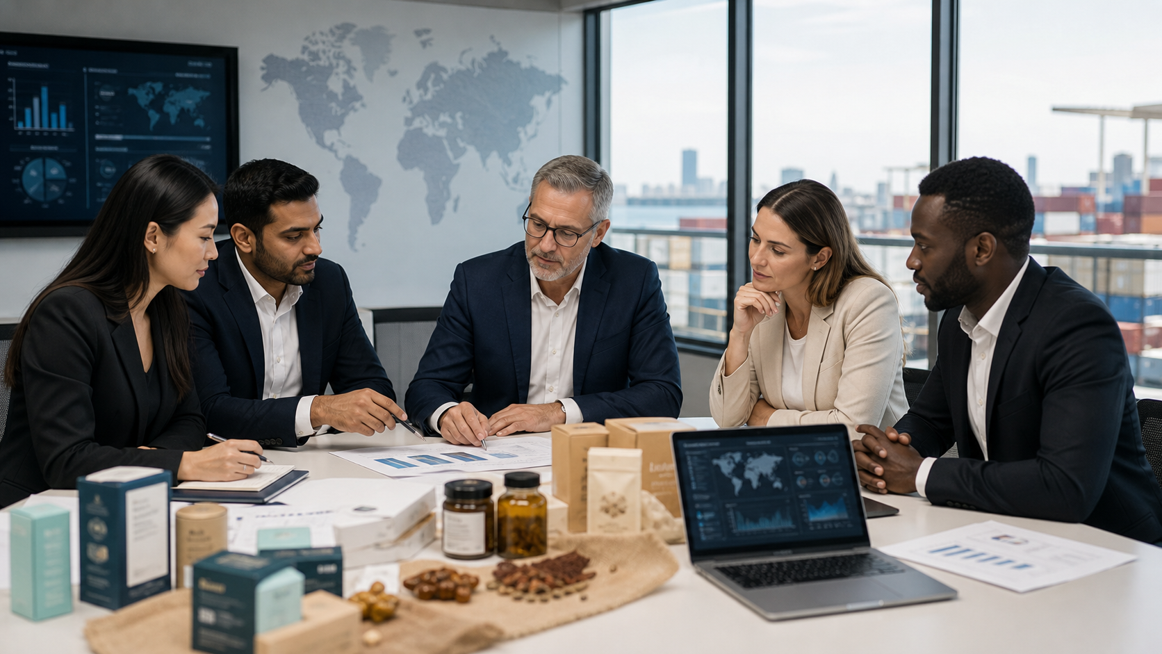 Import export service coordination team reviewing trade plans