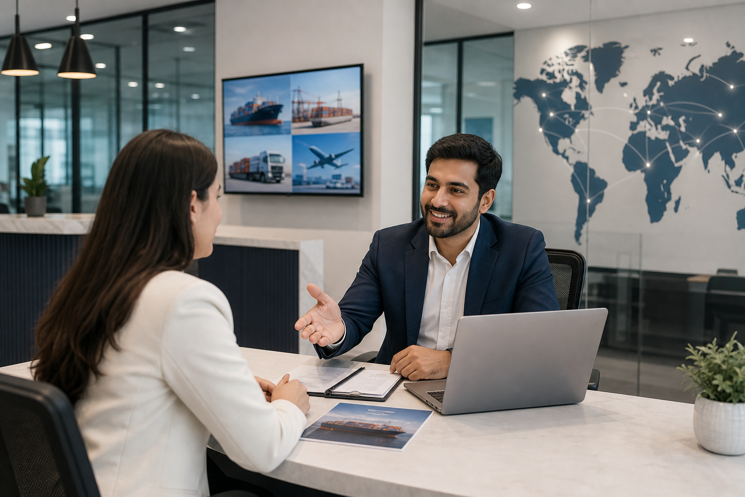 International trade consultation desk welcoming a client