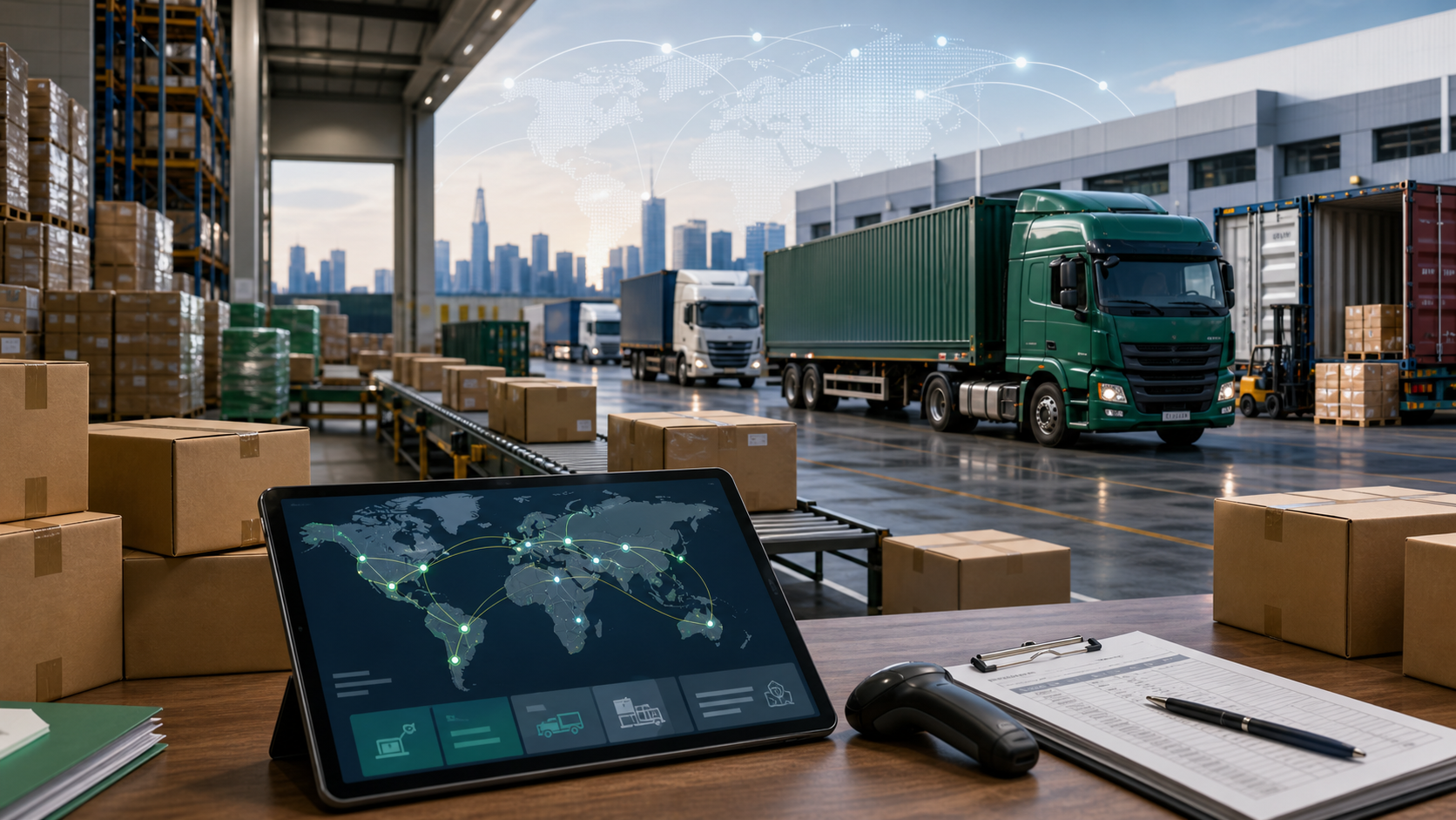 Distribution network operations with trucks, cartons, and route planning