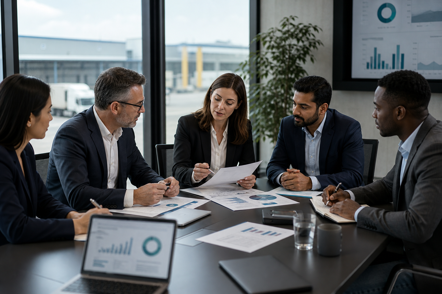 Supplier review meeting with performance reports and compliance documents