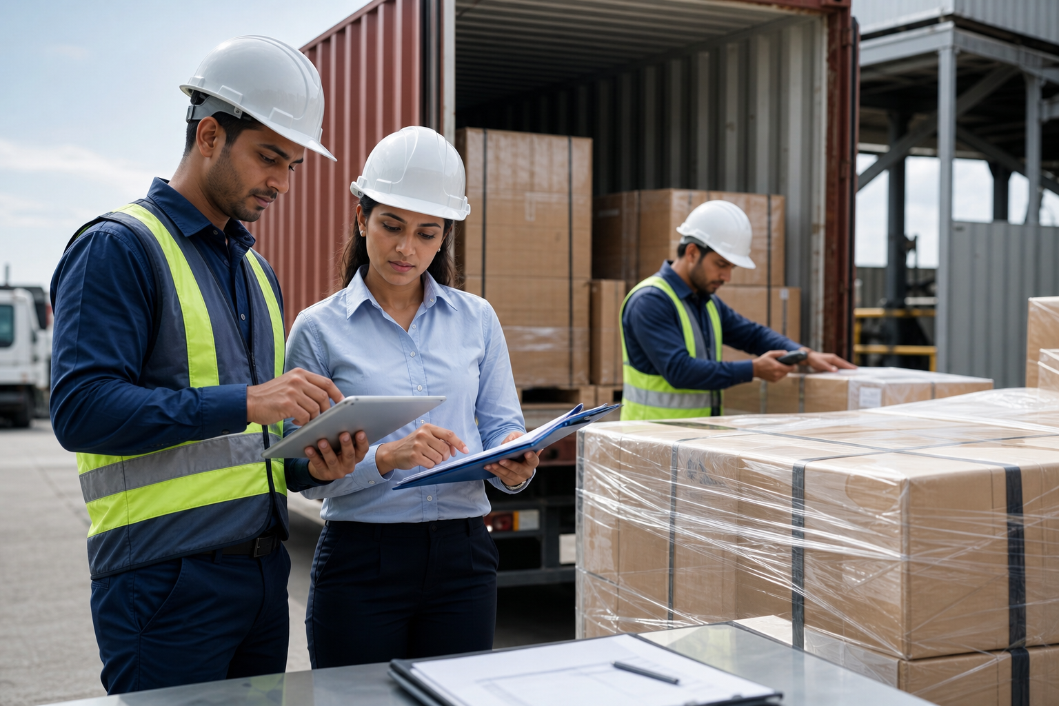 Logistics team validating export documents and packaged cartons