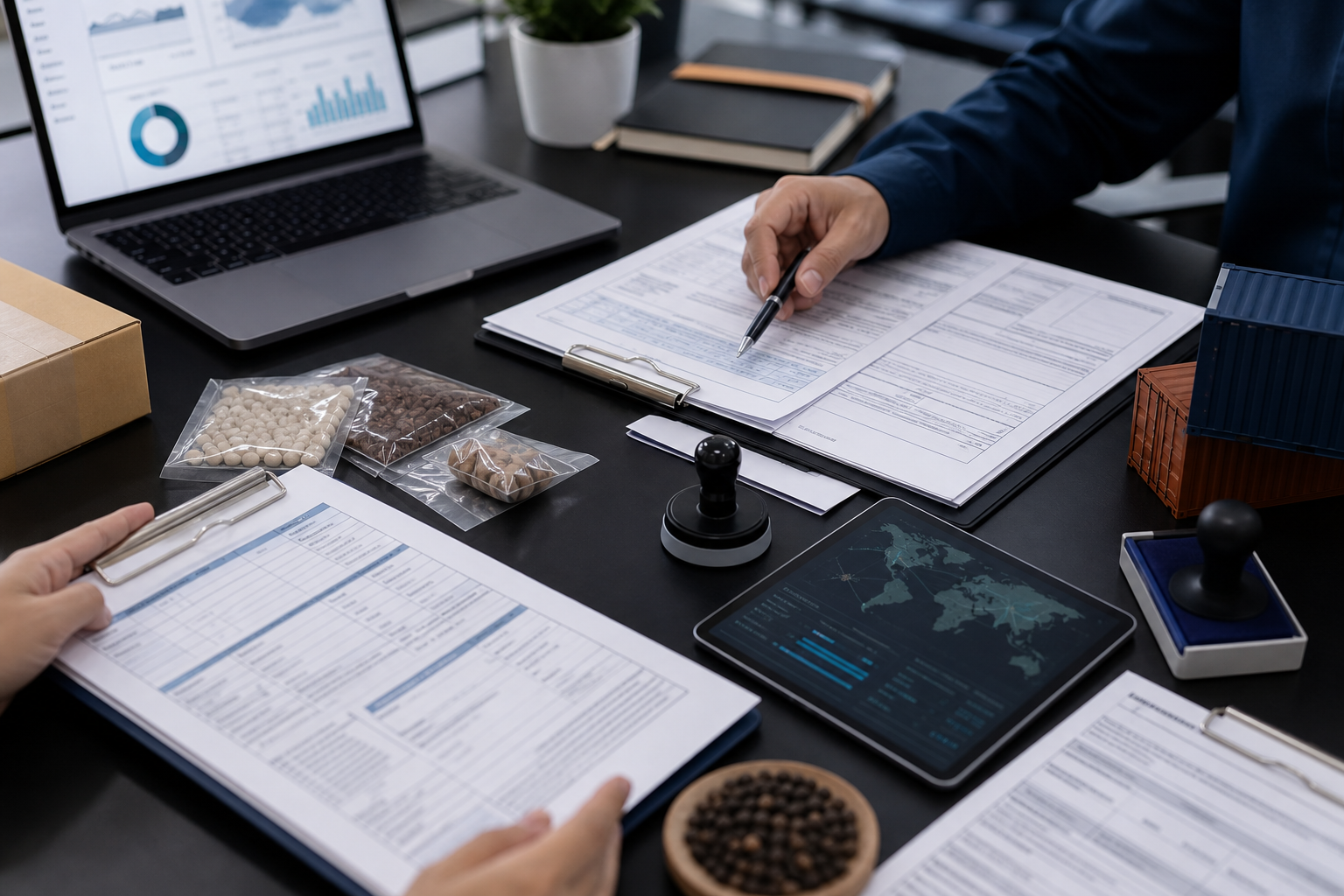 Trade documents and compliance workflow on an operations desk