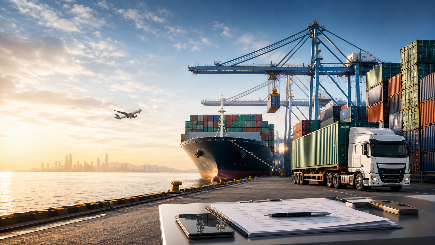 Cargo ship, containers, and freight truck at an international port